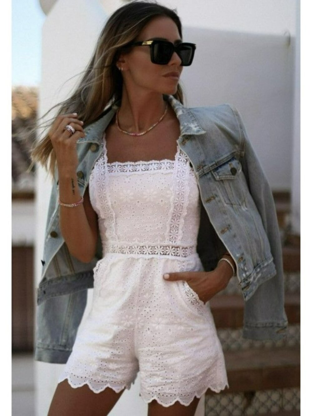 Charo Ruiz Zuma White Eyelet Lace Linen Embroidered Playsuit Romper Boho Beachy - Picture 1 of 14
